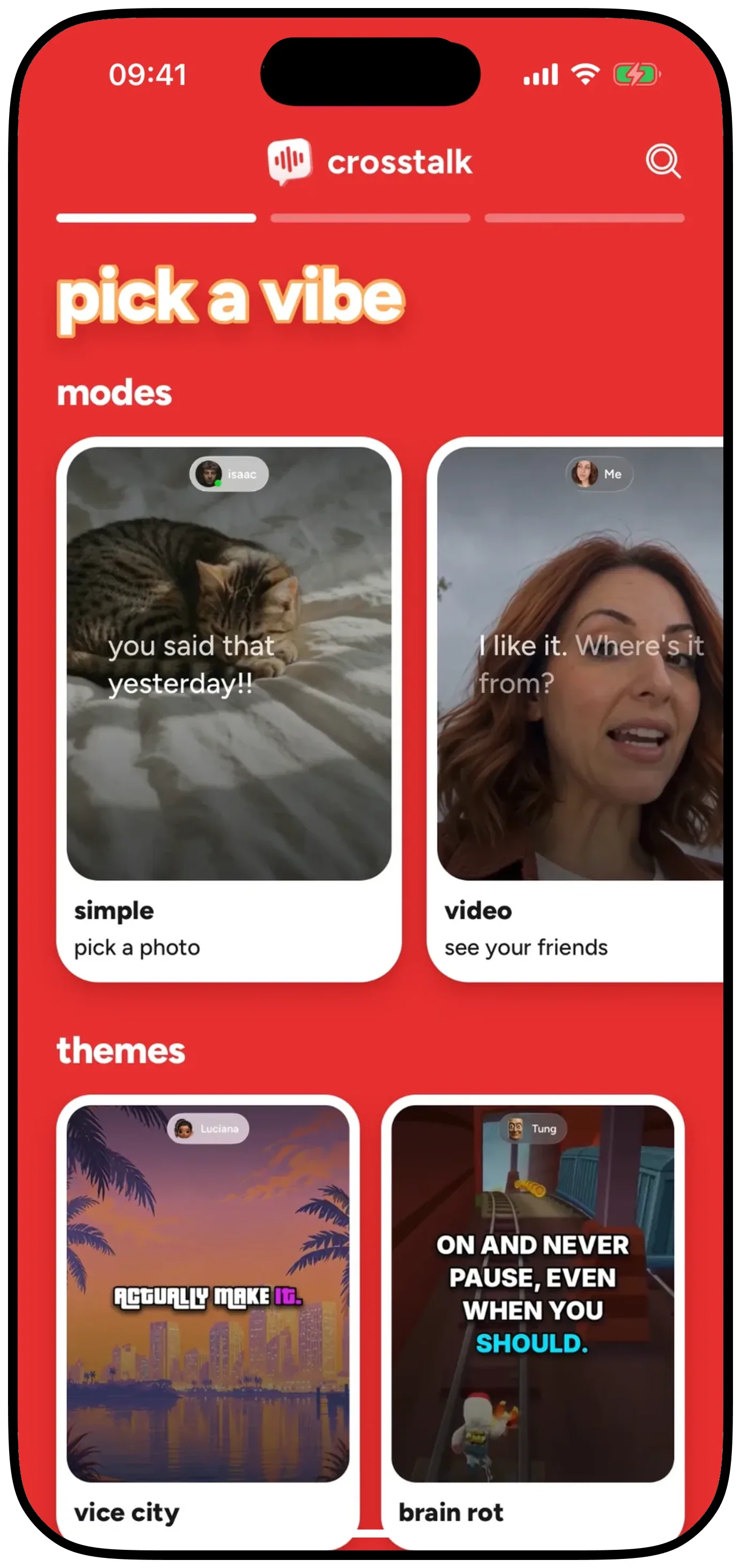 Crosstalk's pick a vibe screen, showing room modes and themes
